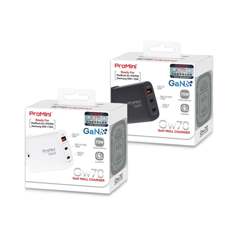 ProMini Gw70 雙PD3.0 + QC GaN 70W快速充電器