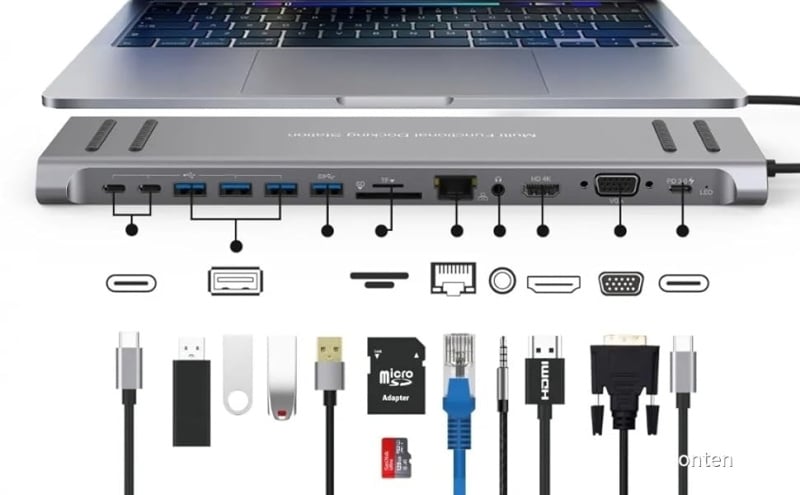 ONTEN 13 in 1 USB C Docking Station - Type-C to HDMI/VGA/SD/TF/RJ45/USB 3.0*4/Audio/USB-C*2/PD(3.0) OTN 9199A ONTEN 13 in 1 USB C Docking Station - Type-C to HDMI/VGA/SD/TF/RJ45/USB 3.0*4/Audio/USB-C*2/PD(3.0) OTN 9199A
