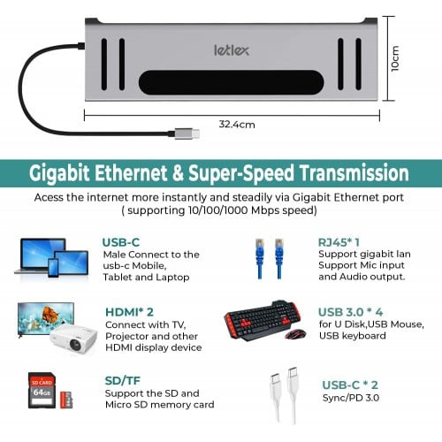 Onten 12 in 1 USB C Docking Station - Type-C to 2*HDMI 4K/ 2*USB-C/ 4*USB 3.0/Gigabit port/SD/TF/Audio OTN 9199