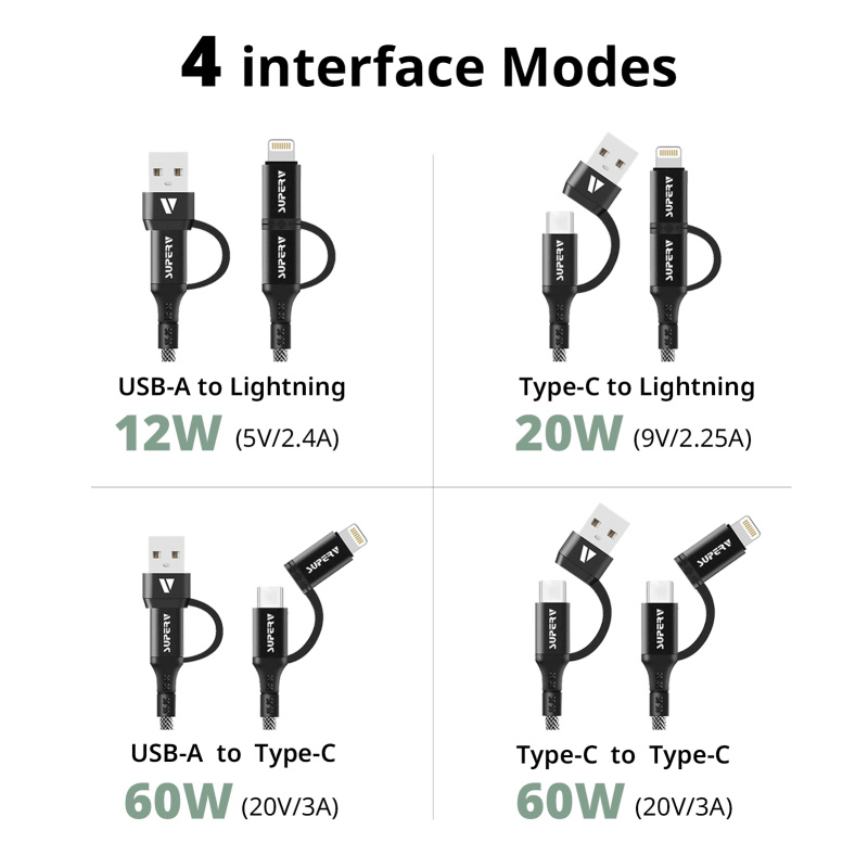 SUPERV CC41 Charging Cable 60W 4in1 PD60W USB-A/Type-C Multiport