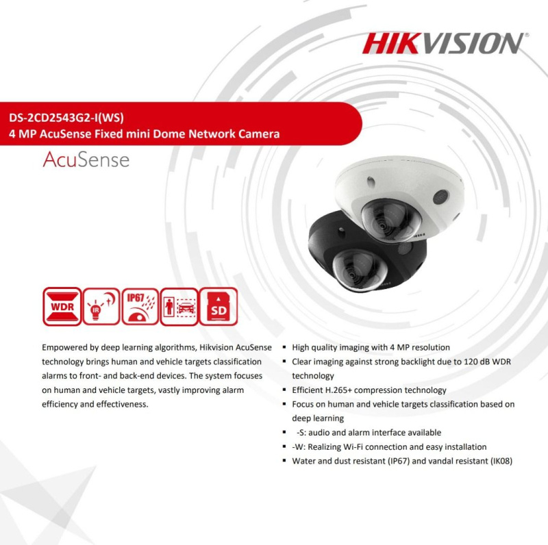Hikvision DS-2CD2543G2-IWS 4 MP AcuSense Built-in Mic Fixed Mini Dome Network Camera Hikvision DS-2CD2543G2-IWS 4 MP AcuSense Built-in Mic Fixed Mini Dome Network Camera