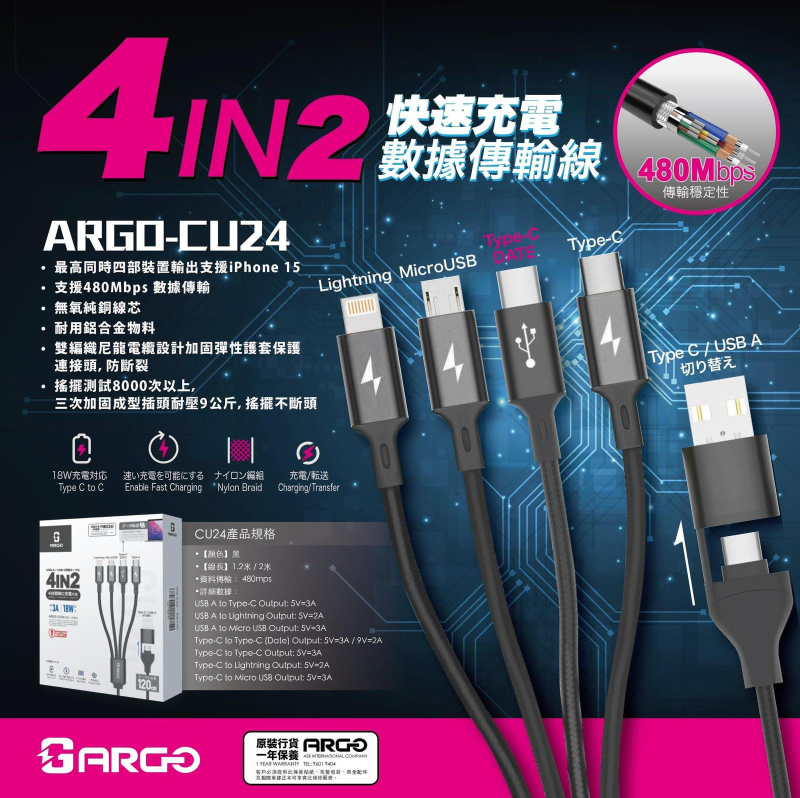 Argo CU24  4 in2 快速充電數據傳輸線