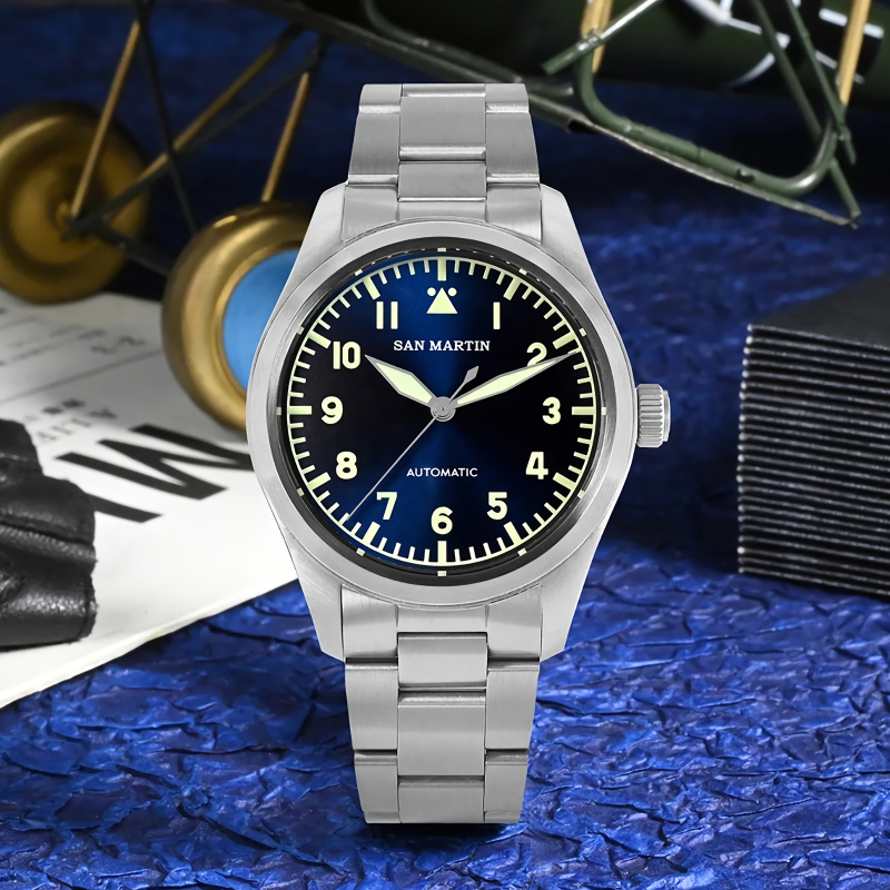 SAN MARTIN SN0030-G-A3自動陽光錶盤39mm 10ATM軍用飛行員手錶