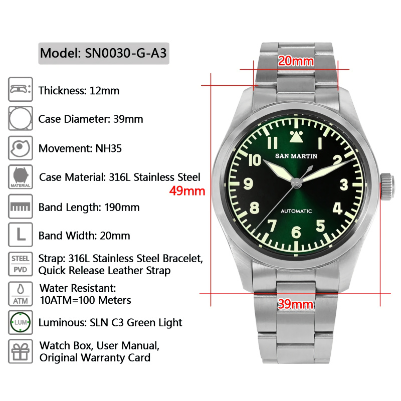 SAN MARTIN SN0030-G-A3自動陽光錶盤39mm 10ATM軍用飛行員手錶