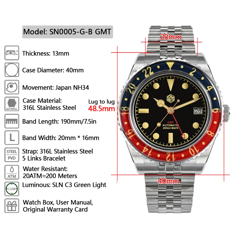 SAN MARTIN SN0005-G-B1 GMT自動不銹鋼40mm 20ATM男子潛水夫手錶