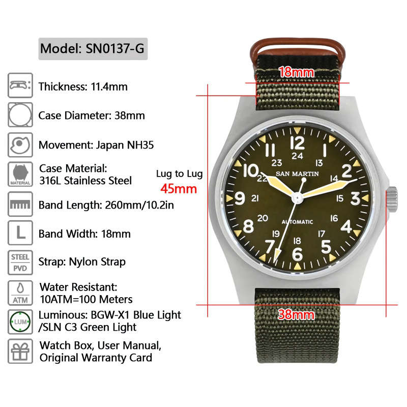 SAN MARTIN SN0137-G 38毫米10ATM軍用飛行員手錶自動爆珠錶殼