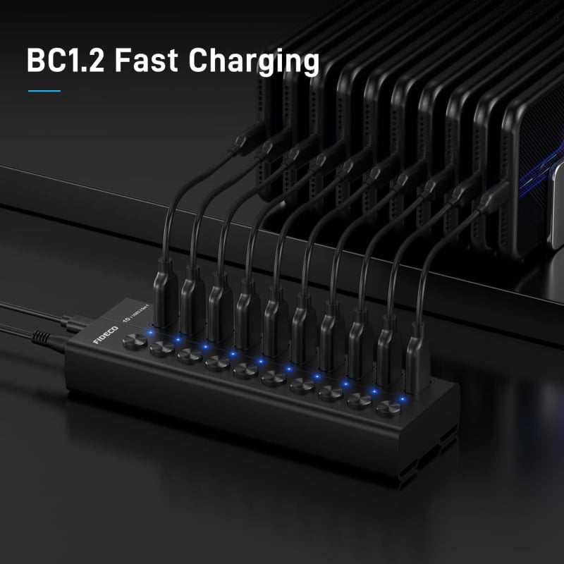Fideco Powered 10-Port USB Hub USB 3.2 Gen 1 Data Hub with Independent On/Off Switch HKG010C Fideco Powered 10-Port USB Hub USB 3.2 Gen 1 Data Hub with Independent On/Off Switch HKG010C
