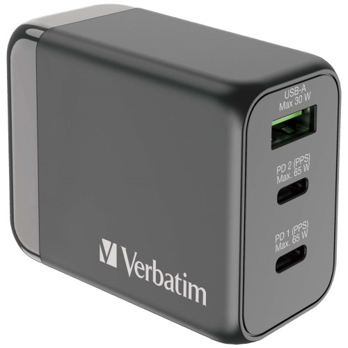 Verbatim 3 端口 65W PD 3.0 和 QC 3.0 GaN 旅行充電器 66963