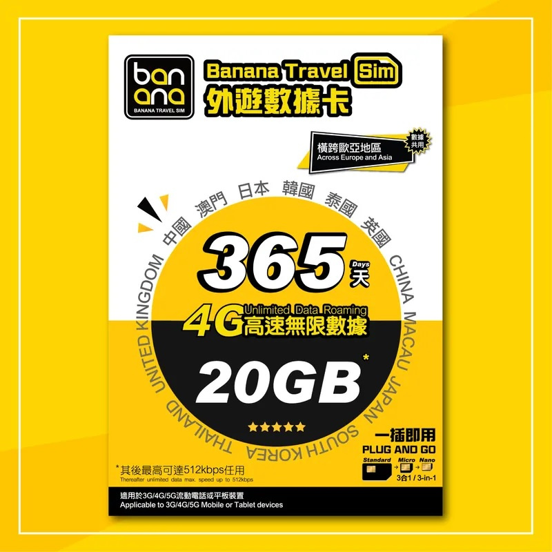 Banana Travel Sim 365天 4G 無限數據年咭20GB FUP