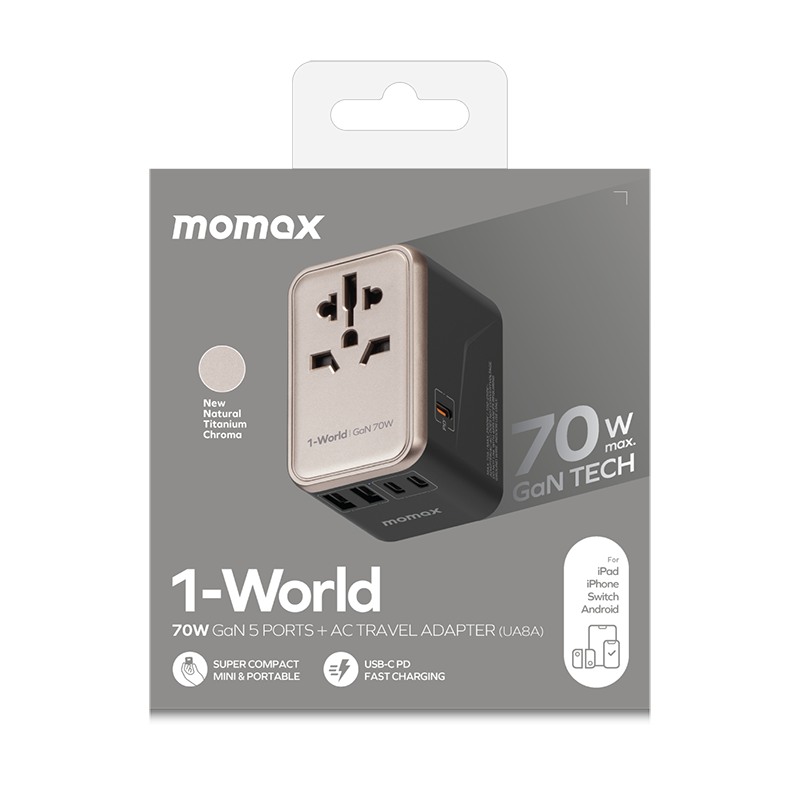 Momax 1-World 70W GaN 萬用旅行插座 Titanium UA8A
