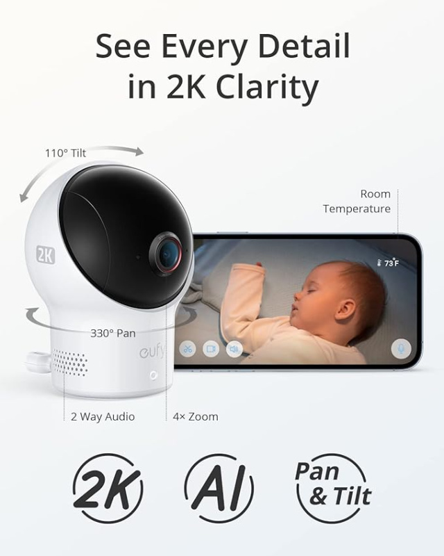 Anker 安克 Eufy 嬰兒監測器 2 2K T8360121 2K清晰畫面 並可橫向 垂直 旋轉鏡頭及4倍放大畫面 讓你隨時清晰查看寶寶的現況  夜視模式 聲音及室溫感測 保障你的隠私安全 為保護你及你的寶寶的隠私 使用AES 128加密傳輸 隨時隨地查看你的寶寶 平行進口貨品