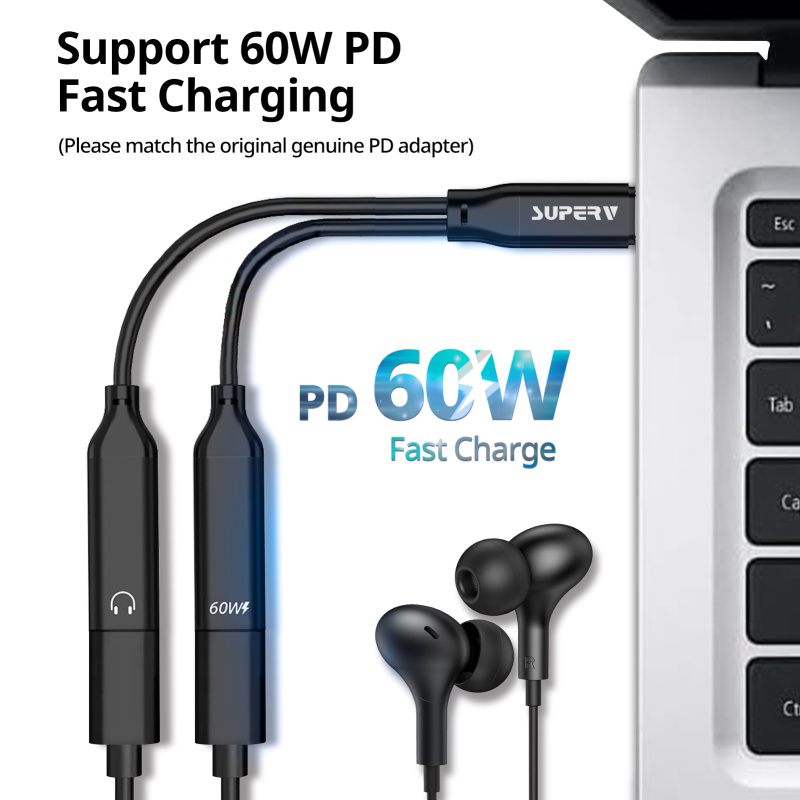 SUPERV CA01 USB-C Adapter Cable 60W 2in1 USB-C Audio + PD Charging Dual Function