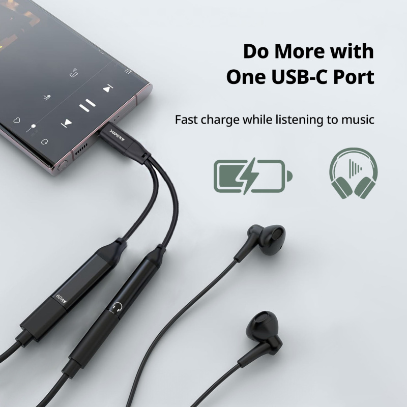 SUPERV CA02 USB-C Adapter Cable 60W 2in1 USB-C + 3.5mm AUX Dual Function