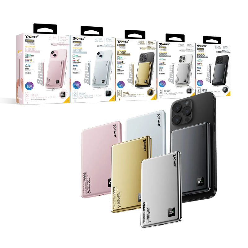 XPower 2合1鋁合金數顯 5000mAh PD3.0+ 磁吸無線外置充電器 M5K