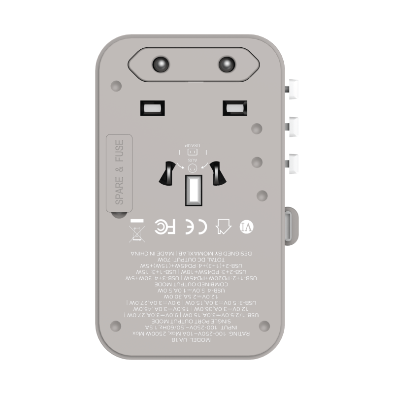 Momax 1-World+ 70W GaN 3插口及內置伸縮USB-C充電線旅行插座 [UA18][4色]