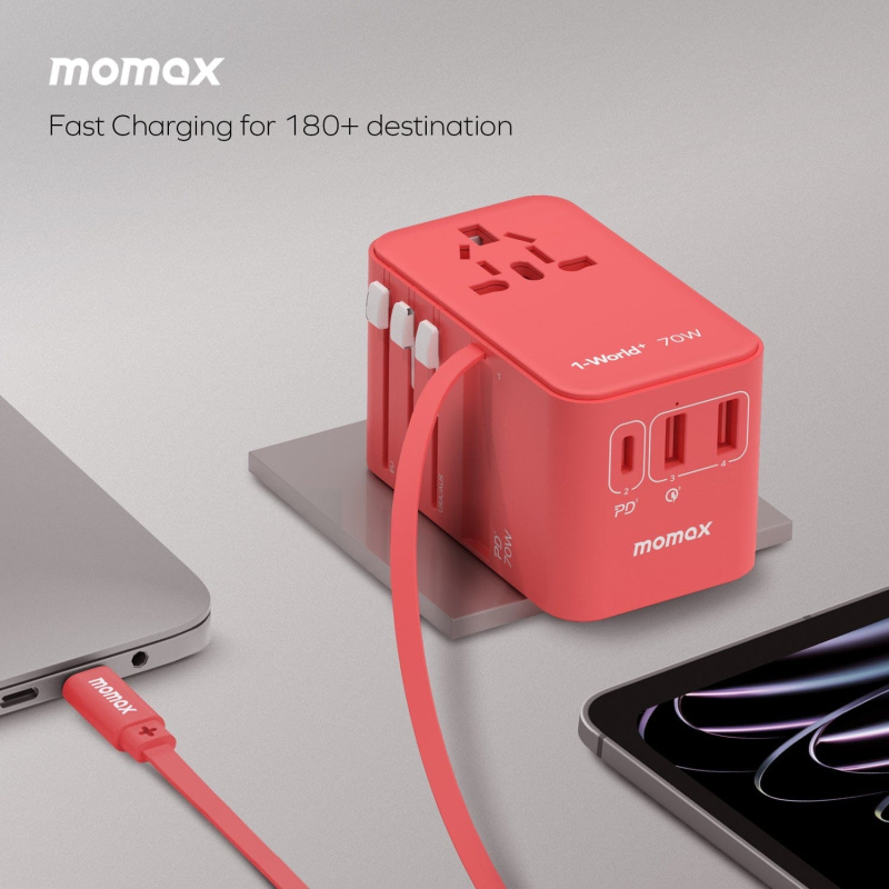 Momax 1-World+ 70W GaN 3插口及內置伸縮USB-C充電線旅行插座 UA18