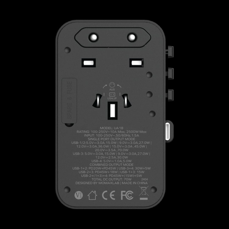 Momax 1-World+ 70W GaN 3插口及內置伸縮USB-C充電線旅行插座 UA18