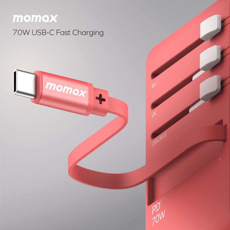 Momax 1-World+ 70W GaN 3插口及內置伸縮USB-C充電線旅行插座 UA18