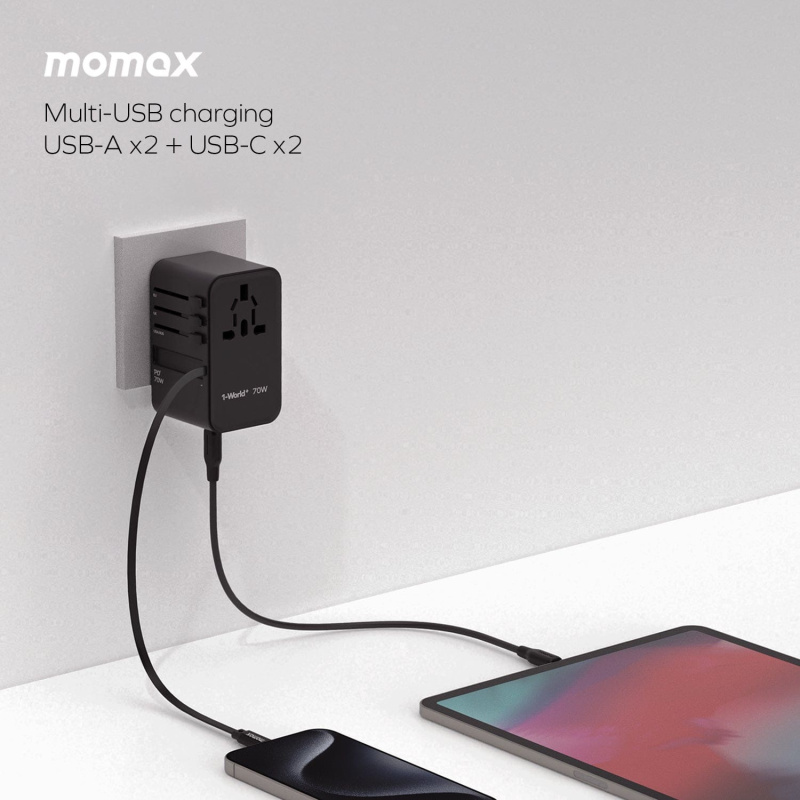 Momax 1-World+ 70W GaN 3插口及內置伸縮USB-C充電線旅行插座 UA18
