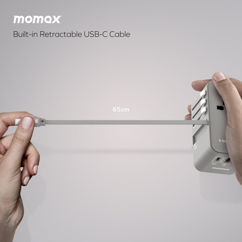 Momax 1-World+ 70W GaN 3插口及內置伸縮USB-C充電線旅行插座 UA18