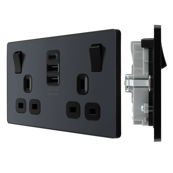 英國 BG British General Evolve PCDMG22UAAC15B 13A雙位開關插座 連Type A x2 & C Matt Grey 啞光灰