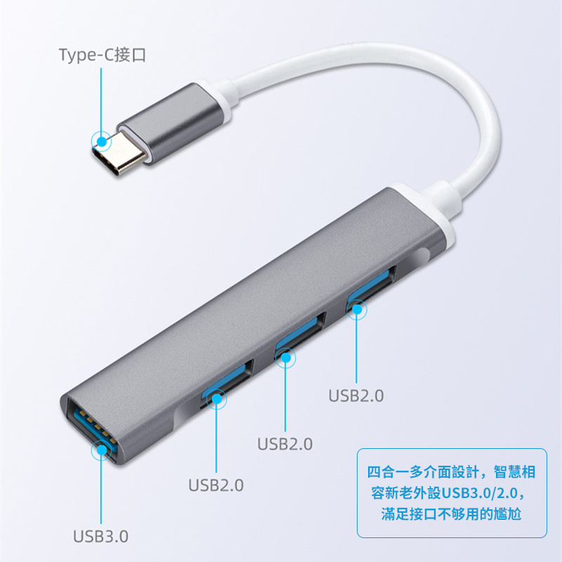杰克-Type-C一拖四丨USB3.0拓展塢轉接線頭丨MAC book手機四合一轉換器丨OTG - type-c轉USB（2115）