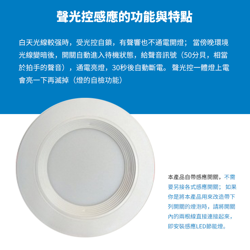 杰克-人體感應筒燈丨嵌入式孔燈丨酒店走廊吊頂筒燈丨聲控感應筒燈丨聲光控筒燈丨塑膠殼  3W2.5寸（5103）