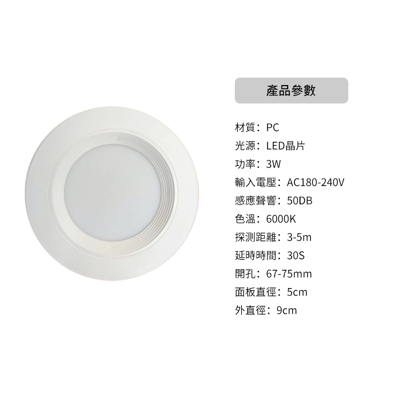 杰克-人體感應筒燈丨嵌入式孔燈丨酒店走廊吊頂筒燈丨聲控感應筒燈丨聲光控筒燈丨塑膠殼  3W2.5寸（5103）
