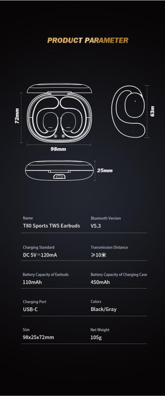 AWEI-原廠行貨 丨T80 開放式丨氣導藍牙耳機丨藍牙5.3 HIFI高清音質（2121）