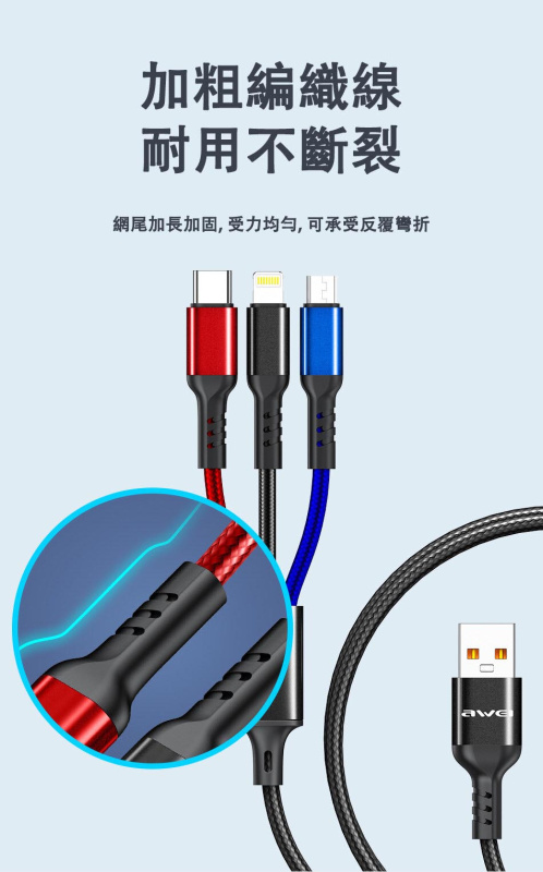AWEI-CL-971 3in1 2.4A 快速充電線丨Micro | Type-C | Lightning（2134）