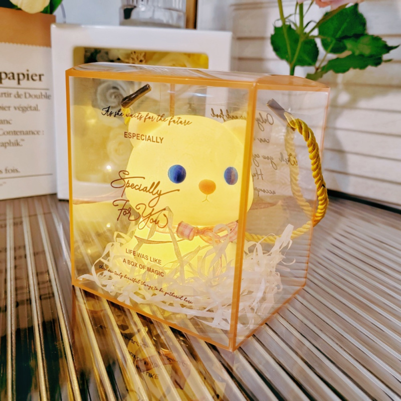 杰克-可愛貓小夜燈 丨卡通發光玩具 丨兒童萌可愛小禮品 丨nini貓-白/粉+方盒/拉菲草（1108）