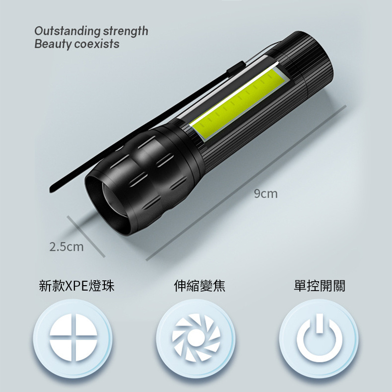 杰克-LED強光應急手電筒 | USB充電帶側燈 | 變焦迷你手電筒 | 照明手電（1136）