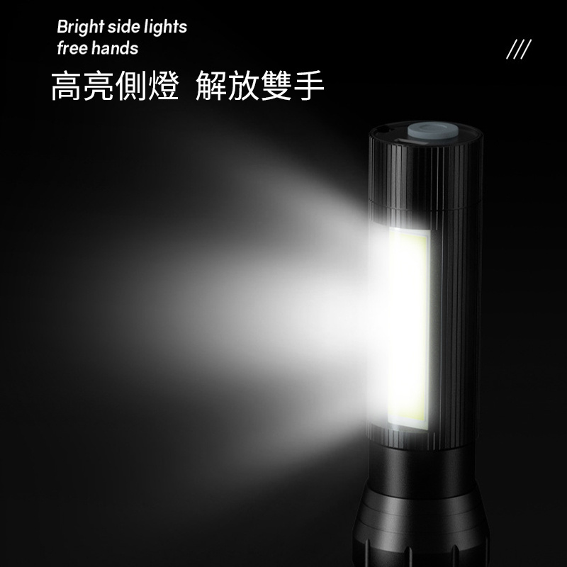 杰克-LED強光應急手電筒 | USB充電帶側燈 | 變焦迷你手電筒 | 照明手電（1136）
