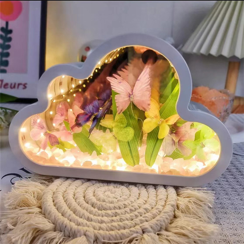 杰克-DIY雲朵蝴蝶鏡子小夜燈丨雲朵鬱金香花海小夜燈丨蝴蝶氛圍燈丨雲朵蝴蝶電池款（3119）