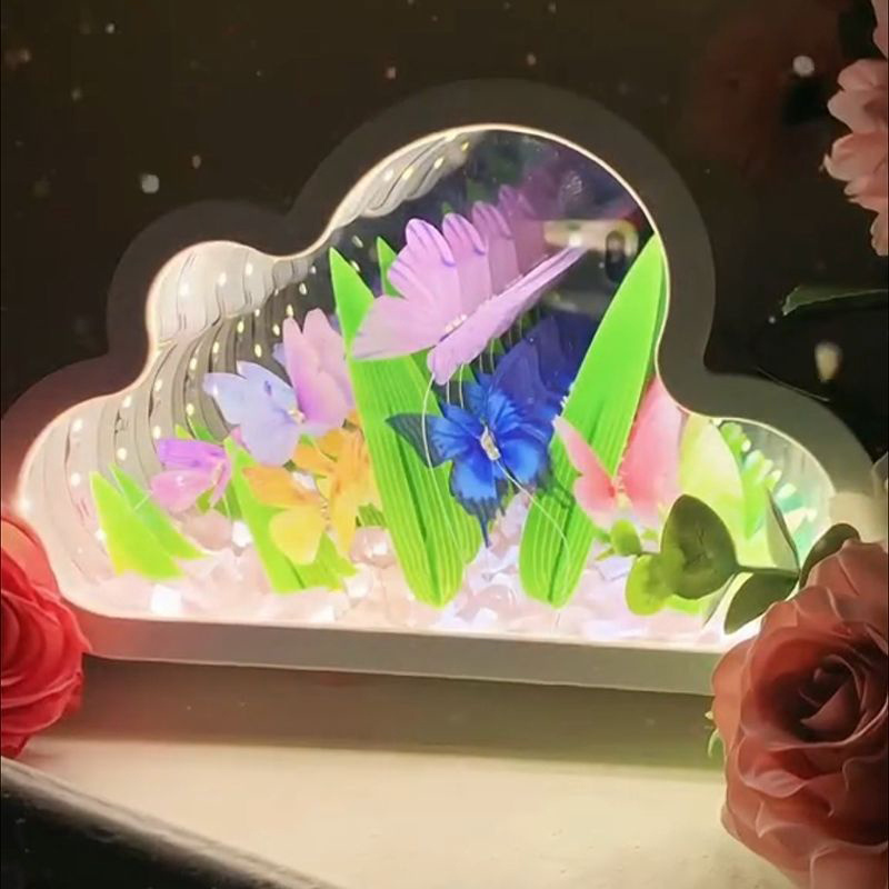 杰克-DIY雲朵蝴蝶鏡子小夜燈丨雲朵鬱金香花海小夜燈丨蝴蝶氛圍燈丨雲朵蝴蝶電池款（3119）