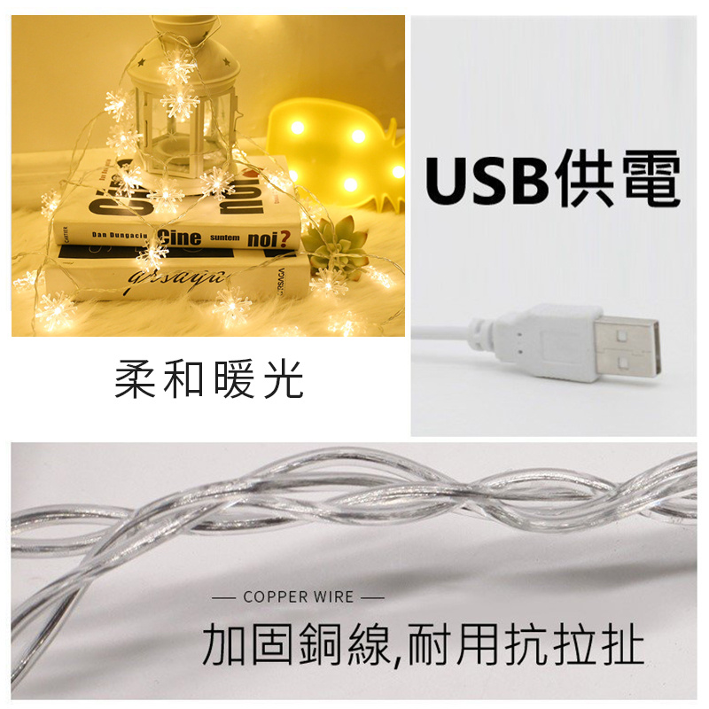 杰克-led雪花星星燈串丨聖誕節房間佈置庭院露營天幕擺攤氛圍裝飾燈 丨 暖光3米20燈USB款常亮（3124）