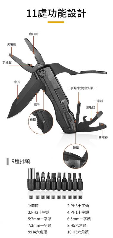 杰克-多功能刀鉗丨便攜多用折疊鉗子丨組合瑞士軍刀小刀戶外工具鉗套裝 （6112）
