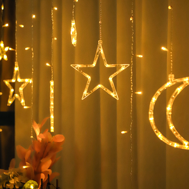 杰克-三星三月丨配閃爍電池盒 丨簡約浪漫家居必備款式丨派對裝飾LED窗簾燈串丨星月窗簾燈 丨高低不一丨暖黃 電池款送電池（3173）
