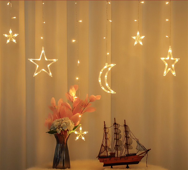 杰克-三星三月丨配閃爍電池盒 丨簡約浪漫家居必備款式丨派對裝飾LED窗簾燈串丨星月窗簾燈 丨高低不一丨暖黃 電池款送電池（3173）