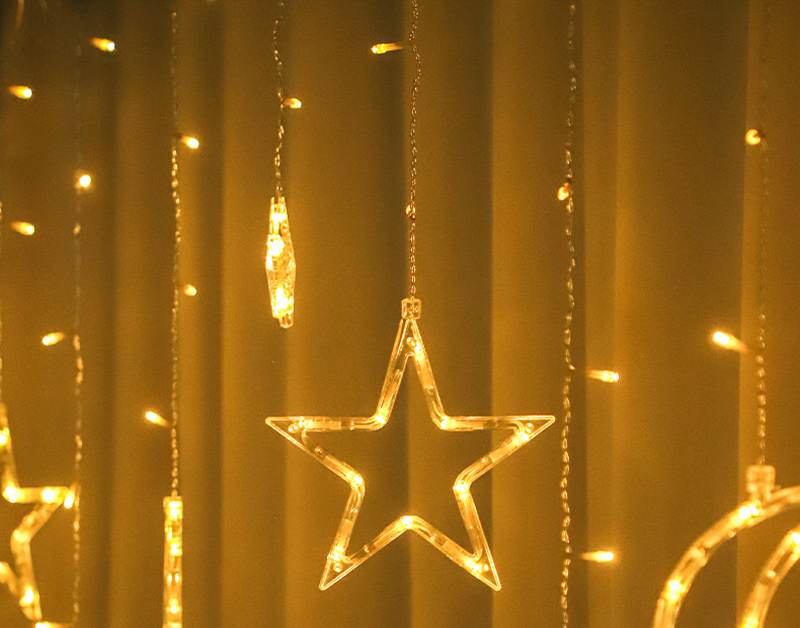 杰克-三星三月丨配閃爍電池盒 丨簡約浪漫家居必備款式丨派對裝飾LED窗簾燈串丨星月窗簾燈 丨高低不一丨暖黃 電池款送電池（3173）