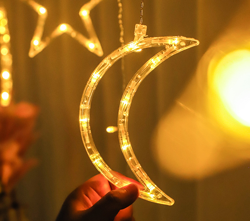 杰克-三星三月丨配閃爍電池盒 丨簡約浪漫家居必備款式丨派對裝飾LED窗簾燈串丨星月窗簾燈 丨高低不一丨暖黃 電池款送電池（3173）