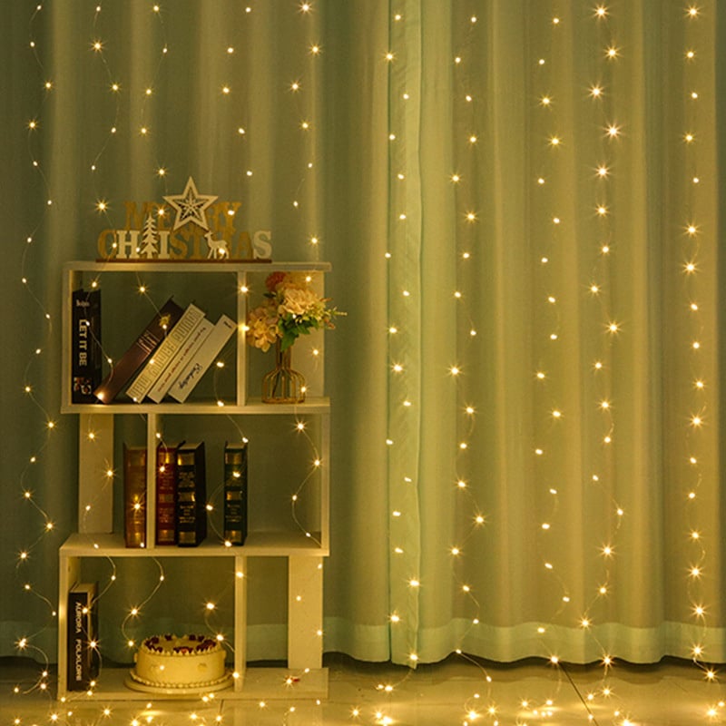 杰克-LED銅線窗簾燈丨USB遙控八功能銅線彩燈串丨聖誕節日裝飾窗簾燈串丨暖白 3*3帶掛鉤（3174）