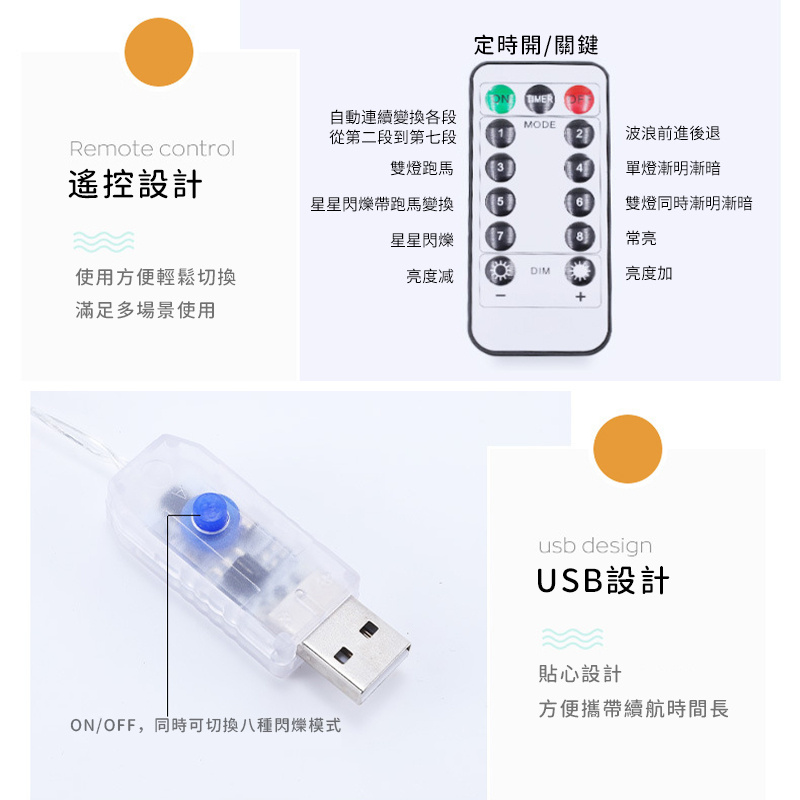 杰克-LED銅線窗簾燈丨USB遙控八功能銅線彩燈串丨聖誕節日裝飾窗簾燈串丨暖白 3*3帶掛鉤（3174）