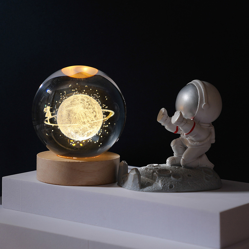 杰克-木質發光底座3D內雕水晶球 | 星系太陽系創意桌面小夜燈擺件 | 聖誕禮品 | 節日禮物 | 裝飾品 （1190）