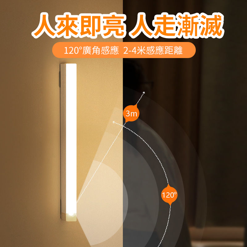人體感應小夜燈丨智能自動無線長條充電磁吸燈丨衣櫃酒櫃櫥櫃走廊臥室 20cm充電款丨暖光/常亮/全天感應/夜晚感應/亮度調節（7102）
