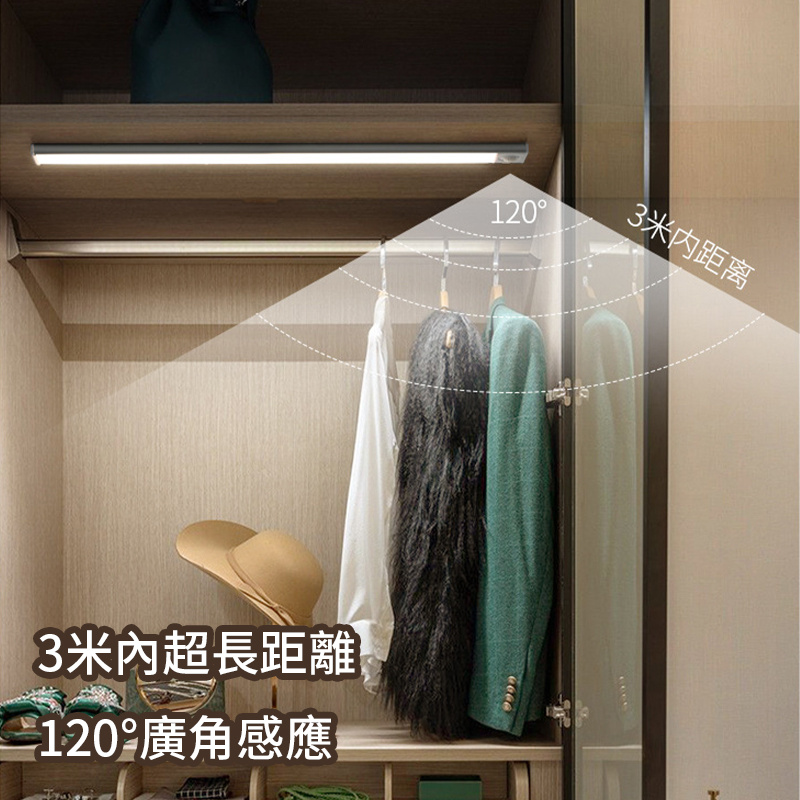 超薄智能led人體感應燈丨充電式長條磁吸自粘酒櫃衣櫃櫥櫃燈條燈帶 丨銀色（三色變光） 20CM（7103）