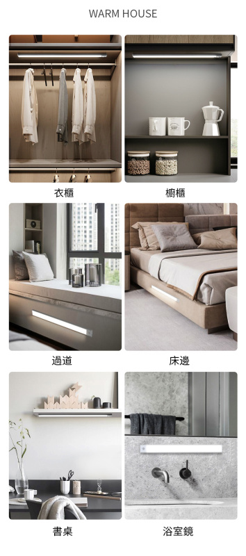 超薄智能led人體感應燈丨充電式長條磁吸自粘酒櫃衣櫃櫥櫃燈條燈帶 丨銀色（三色變光） 20CM（7103）