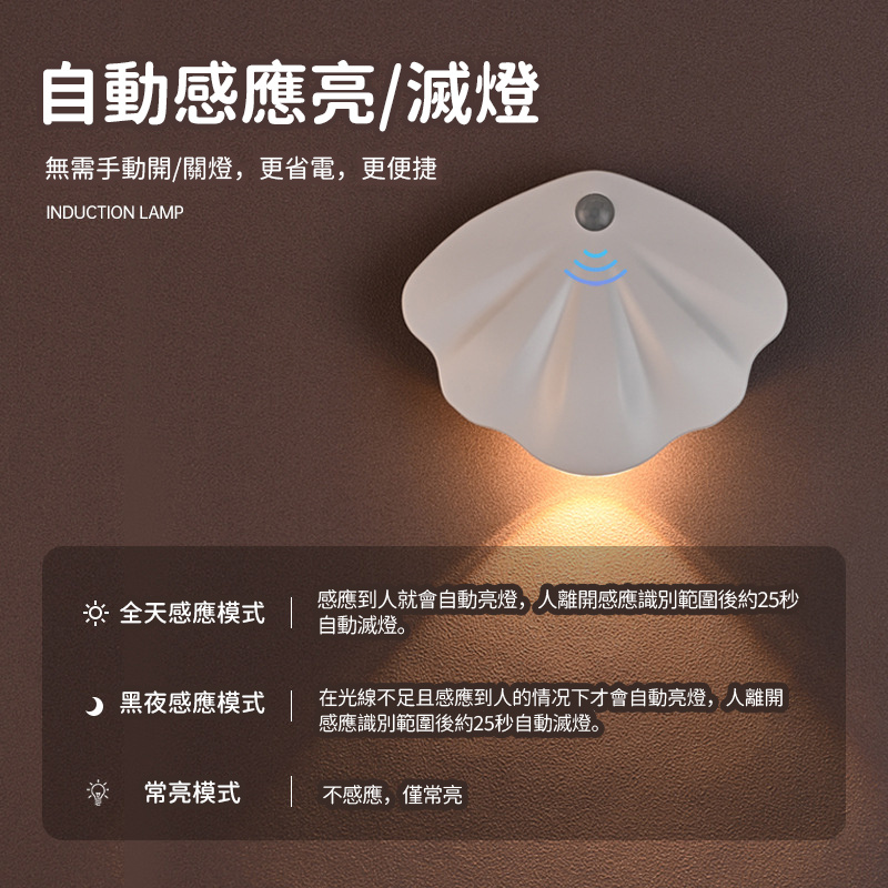 新款充電智能led丨人體感應燈夜燈丨免佈線磁吸室內牆壁燈丨貝殼門牌燈 白色-三色版（7104）