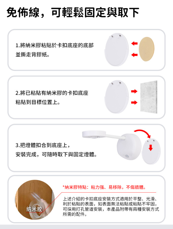 新款充電式免佈線室內牆壁燈射燈丨智能led人體感應燈照畫燈 丨白色-三色版（2200mAH）（7105）