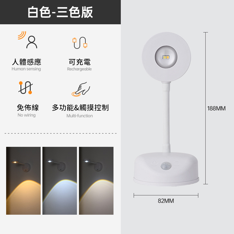 新款充電式免佈線室內牆壁燈射燈丨智能led人體感應燈照畫燈 丨白色-三色版（2200mAH）（7105）